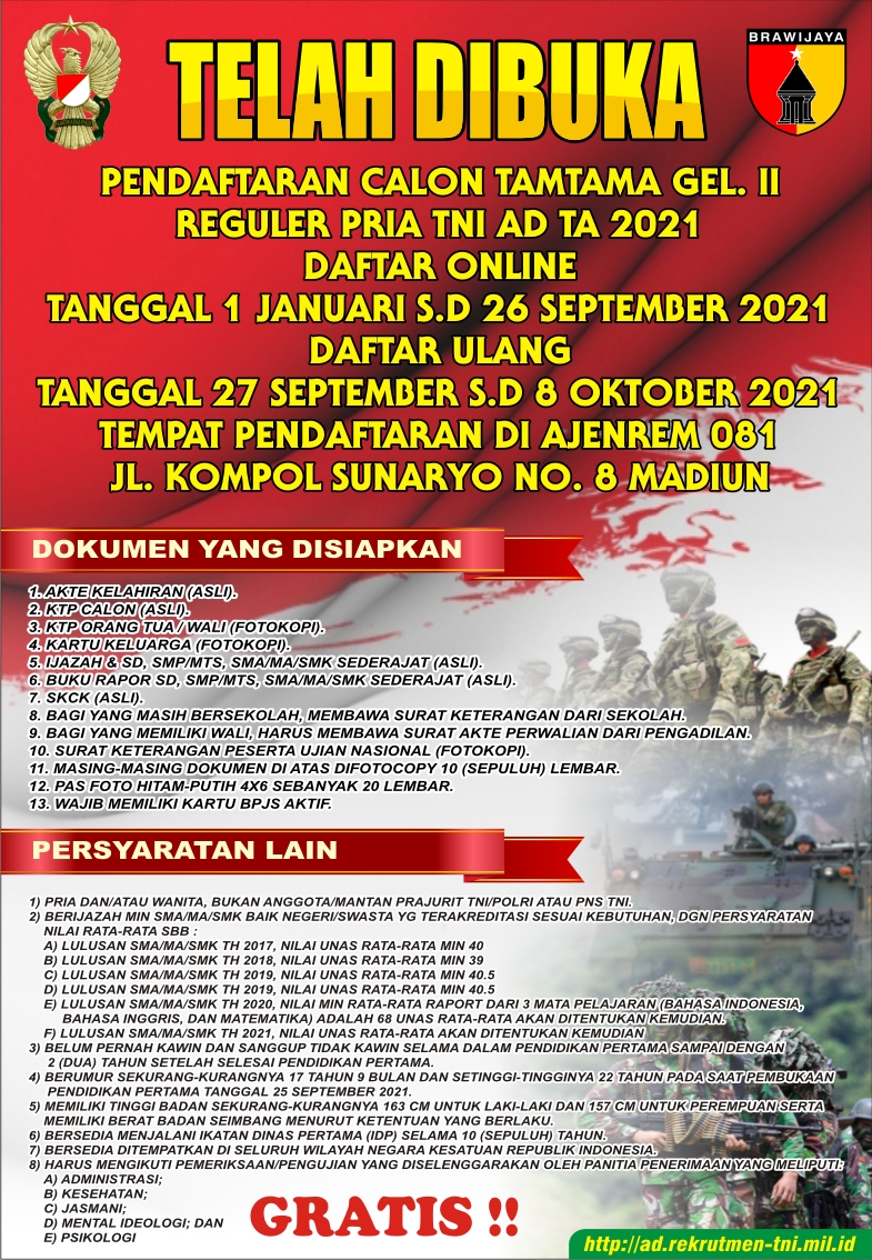 Pendaftaran Calon Tamtama Gelombang II Reguler Pria TNI AD TA 2021